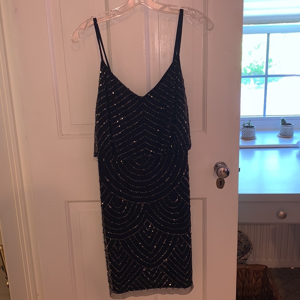 Adrianna Papell Sequin Blouson Dress-Navy